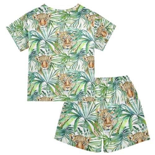 ALAZA Watercolor Tropical Palm Leaves Leopard Pajamas Short Sleeve 2 Piece Sleepwear Top and Bottom Pajama Set Unisex2