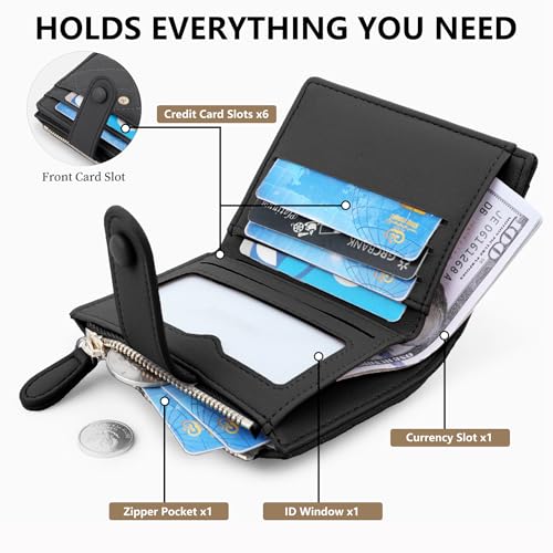 Small Wallet Women, Bifold RFID Blocking Card Holder for Girls Ladies, PU Leather Slim Bifold Compact Wallets Coin Purse with ID Window Zipper Coin Pocket (Black)2