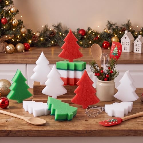 Image of Tioncy 12 Pack Kitchen Sponges Bulk Dual Sided Scrubber Sponges Dishwashing Kitchen Cleaning Accessories for Household Supplies(Christmas Tree, Red, Green, White)
