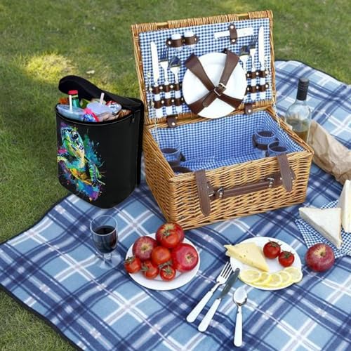 Image of Talayituse Turtle Paint Splatter Print Car Trash Can with Adjustable Straps, Foldable Car Trash Bag Bin Car Garbage Bag Multipurpose Storage Box for Vehicle Travel Camping Picnicing