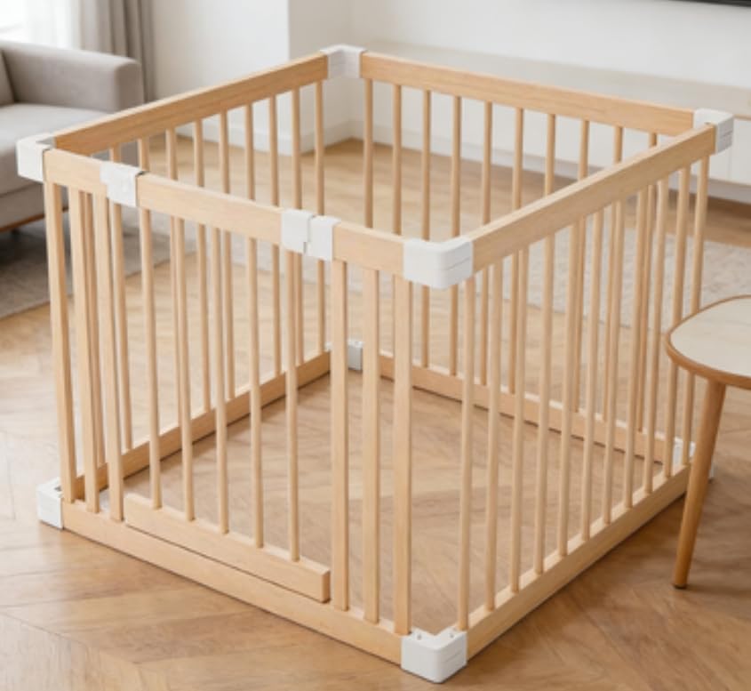 Baby Playpen, Wooden Playpen for Babies and Toddlers,Large Adjustable Wooden Baby Playard with Locking Gate, Easy to Assemble, Portable Play Pen (31.26x24.72Inch)