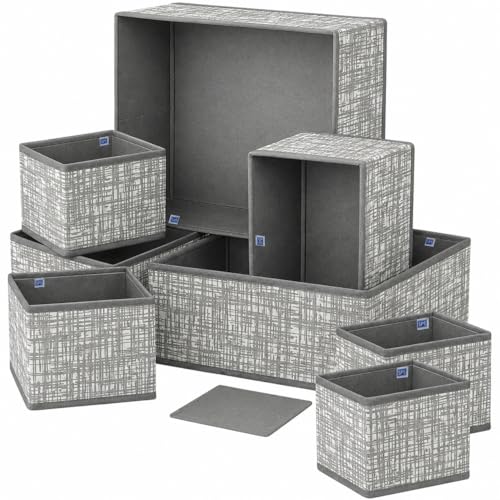 Image of Skrill 8-Piece Foldable Cloth Storage Box Set | Cube Baskets, Bins & Dividers for Closet & Dresser Drawer Organization - Crosshatch Grey