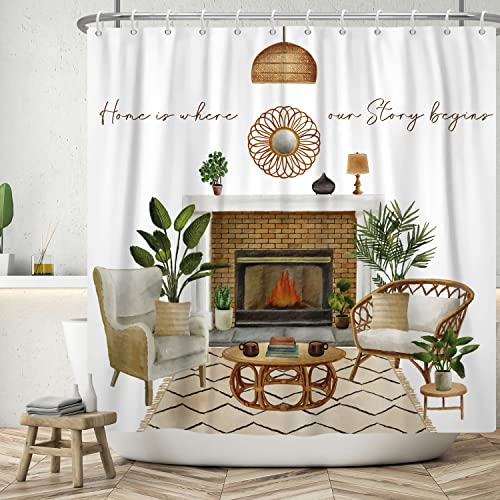 SDOTPMT 120x180cm El hogar es el Punto de Partida Nuestra Historia Estufa Ventilador eléctrico Mesa café Planta Verde Moderna clásica bañera Cortina baño cinturón Decorativo Gancho