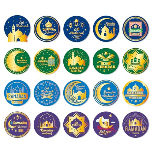 160pcs Autocollant Eid Mubara, 20 Modèles d'Autocollants Islamiques Ronds et Auto-Adhésifs pour l'Aïd Al-Fitr Adaptés à la Décoration de sacs Cadeaux et...