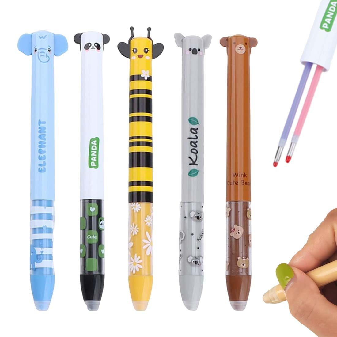 IEBTWN Juego De 5 Bolígrafos De Gel Borrables Con Tinta De Borrado Termosensible, De Tinta Y Diseños De Barril, Punta De 0,7 Mm, Panda, Abeja, Osito, Koala E Elefante