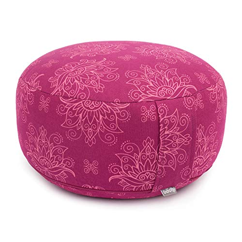 Bodhi Meditationskissen Rondo | Abnehmbarer Bezug aus 100% Baumwolle | Yogakissen mit Bio-Dinkelfüllung | Höhe 20 cm | Praktische Trageschlaufe | Maharaja Collection (Lotus/Berry)