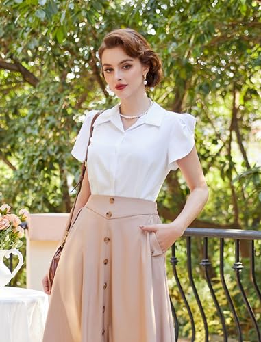 Belle Poque Summer Short Sleeve Button Down Blouse for Women V Neck Vintage Business Casual Shirts Tops3