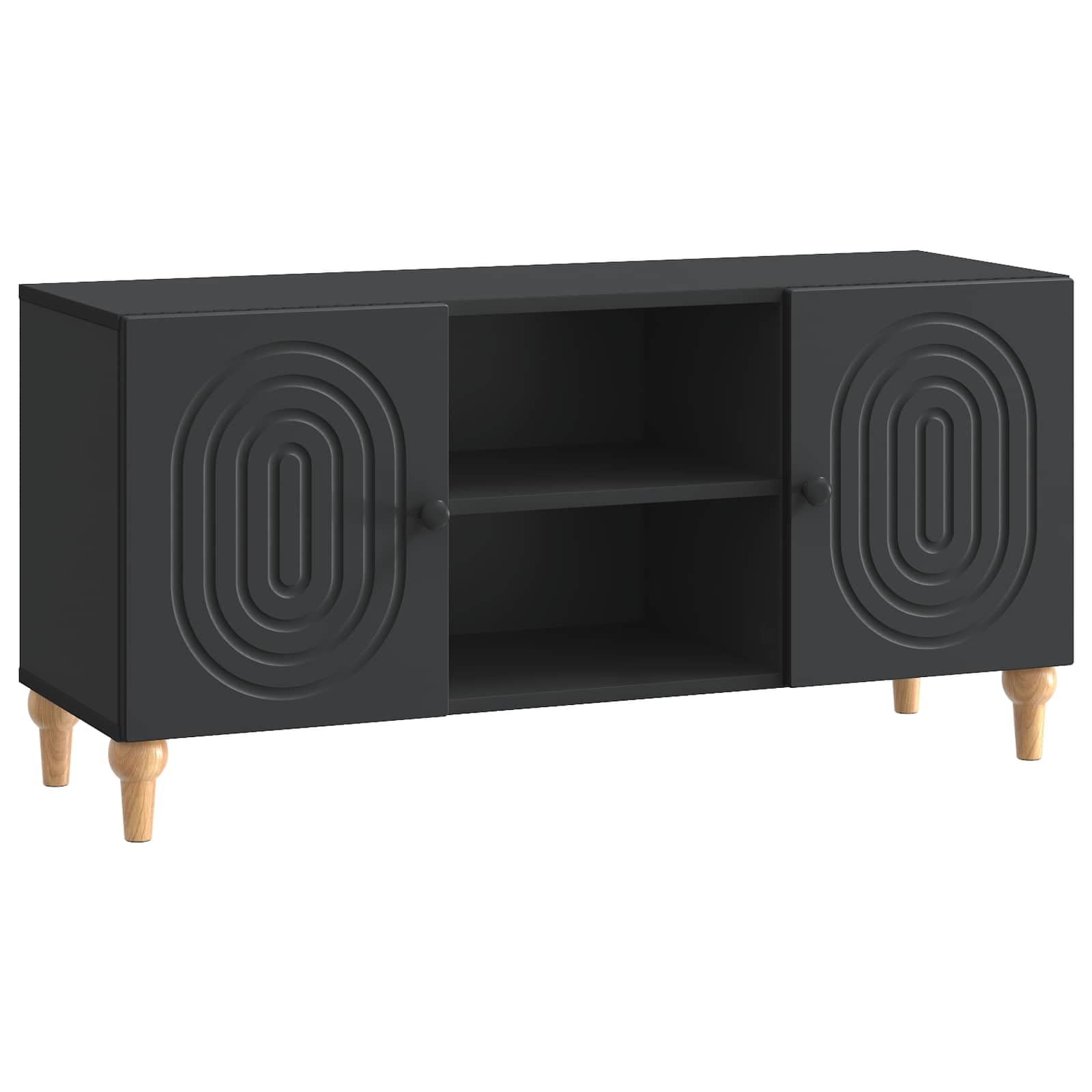 Mobile TV nero, 102 x 34,5 x 50 cm, moderno mobile basso in legno con 2 ante e mensola per soggiorno, stabile, con motivo a righe, portata fino a 60 kg