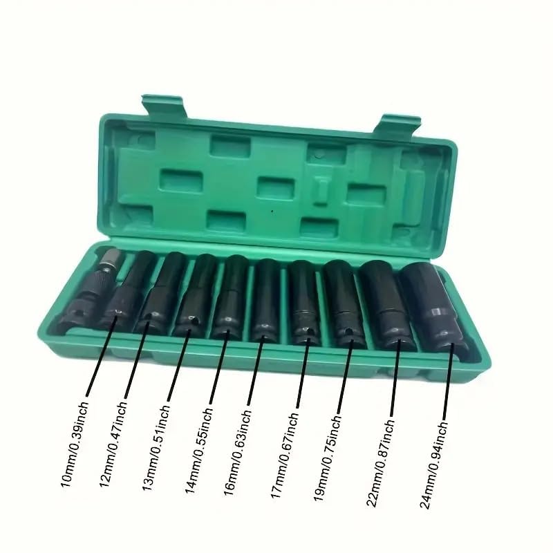 Image of Djv Creation 11 Pieces 1 /2-Inch Square Drive 78mm Deep Impact Socket Hex Set, 6-Point Standard Metric Sizes CR-V Steel 10mm to 24mm (Green) (11 in 1 impact socket set)