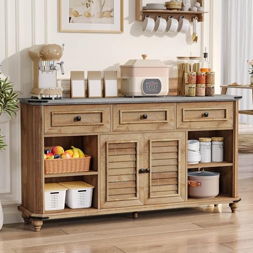 DWVO Farmhouse TV Stand for 65 Inch TV, 31.5" Tall Entertainment Center w/3 Drawers & Shutter Doors, Rustic Media Console Cabinet w/Storage Shelves, Wood Television Stand for Living Room, Rustic Brown