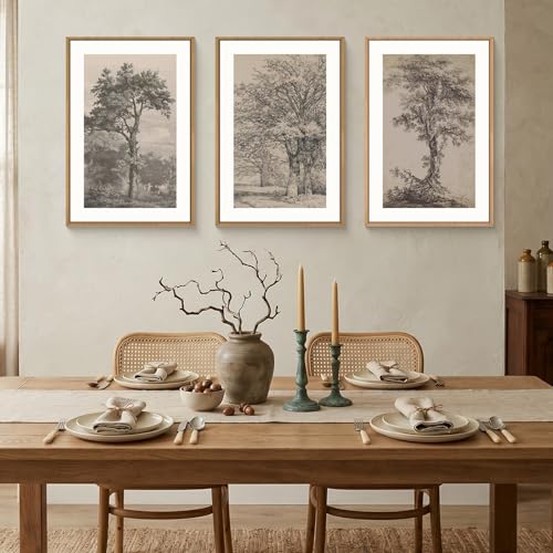 Image of KAIRNE Vintage Tree Sketch Framed Canvas Wall Art Set, Antique Tree Drawings Wall Decor, Retro Forest Art Prints, Modern Nature Landscape Artwork for Living Room, Bedroom, Farmhouse, Office-16 x24 x3