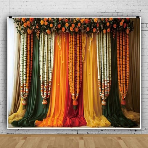 Image of 10x8ft India Pooja Traditional Backdrop Colorful Curtains Floral Indian Photography Background Puja Ganpati Mehndi Diwali Party Decorations for Wedding Birthday Festival Photo Props