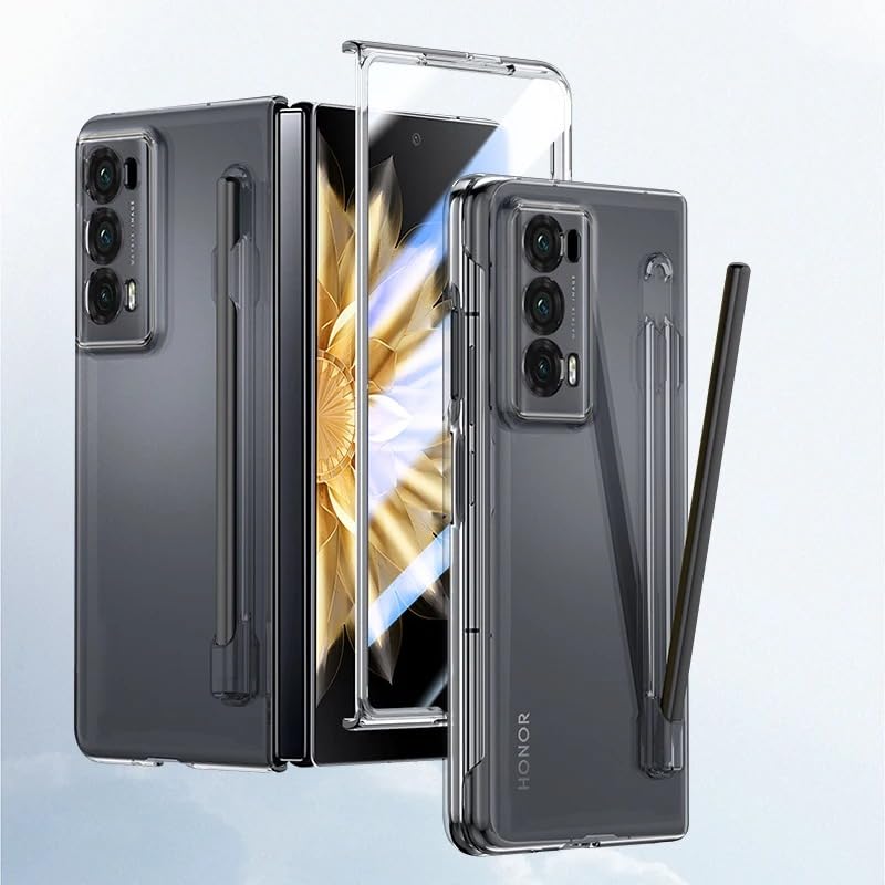 Gruattreay Compatible with Honor Magic V2 2023 Case with Stylus Pen,Pen Holder Cover Anti-Scratches Ultra Thin Case with Built-in Screen Protector for Honor Magic V2 (Clear)
