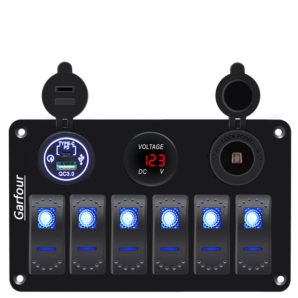 Garfour Waterproof 6 Gang Aluminum Boat Switch Panel Marine Rocker Switch with 12V Voltmeter Type C and QC3.0 USB Charging Socket for Car Boat