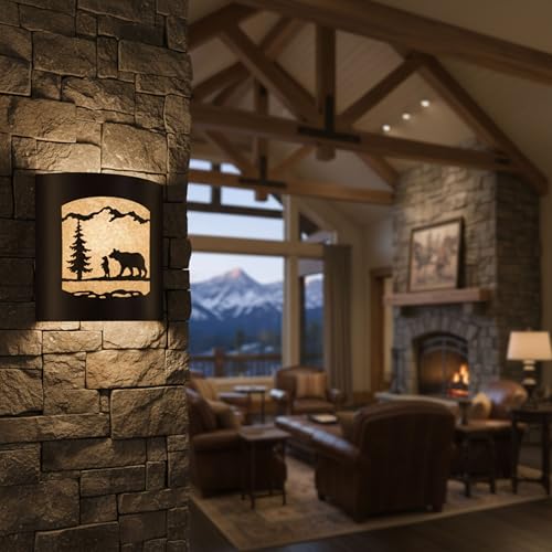 Image of Rustic Bear and Cub with Pine Tree Wall Sconce | Frosted Amber Glass, Lodge Cabin Decor, Woodland Nature Design, Wall Light Fixture