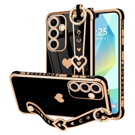 LLZ.COQUE for Samsung Galaxy A16 4G/5G Case Cute Love-Heart Plating Strap Phone Cover for Women Girls Bling Silicone Camera Protection Bumper Shockproof Phone Case for Galaxy A16 4G/5G (6.7")-Black