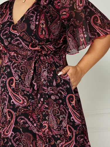 Image of Miss Chase A+ Women's Bohemian V-Neck Flutter Sleeve Chiffon Relaxed Fit Wrap Maxi Dress