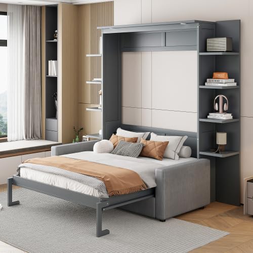 Bellemave Queen Size Murphy Bed with Sofa, Wall with Storage Shelves, Folding Cabinet Bed for Bedroom, Apartment, Home Office, Gray