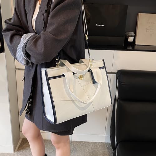 Canvas Denim Tote Bag for Women, Two Tone Splicing, Leather Accents, Medium3