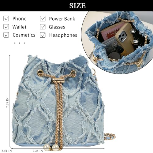 Image of Denim Bucket Bag Quilted Drawstring Jean Purses for Women Denim Clutch Hobo Bags Crossbody Handbag