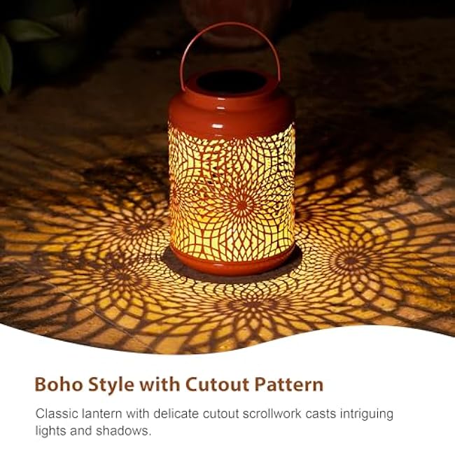 Glitzhome Solar Lantern Orange Metal Cutout Scrollwork Outdoor Hanging Solar Light with Handle for Garden Patio Yard Outdoor Decor