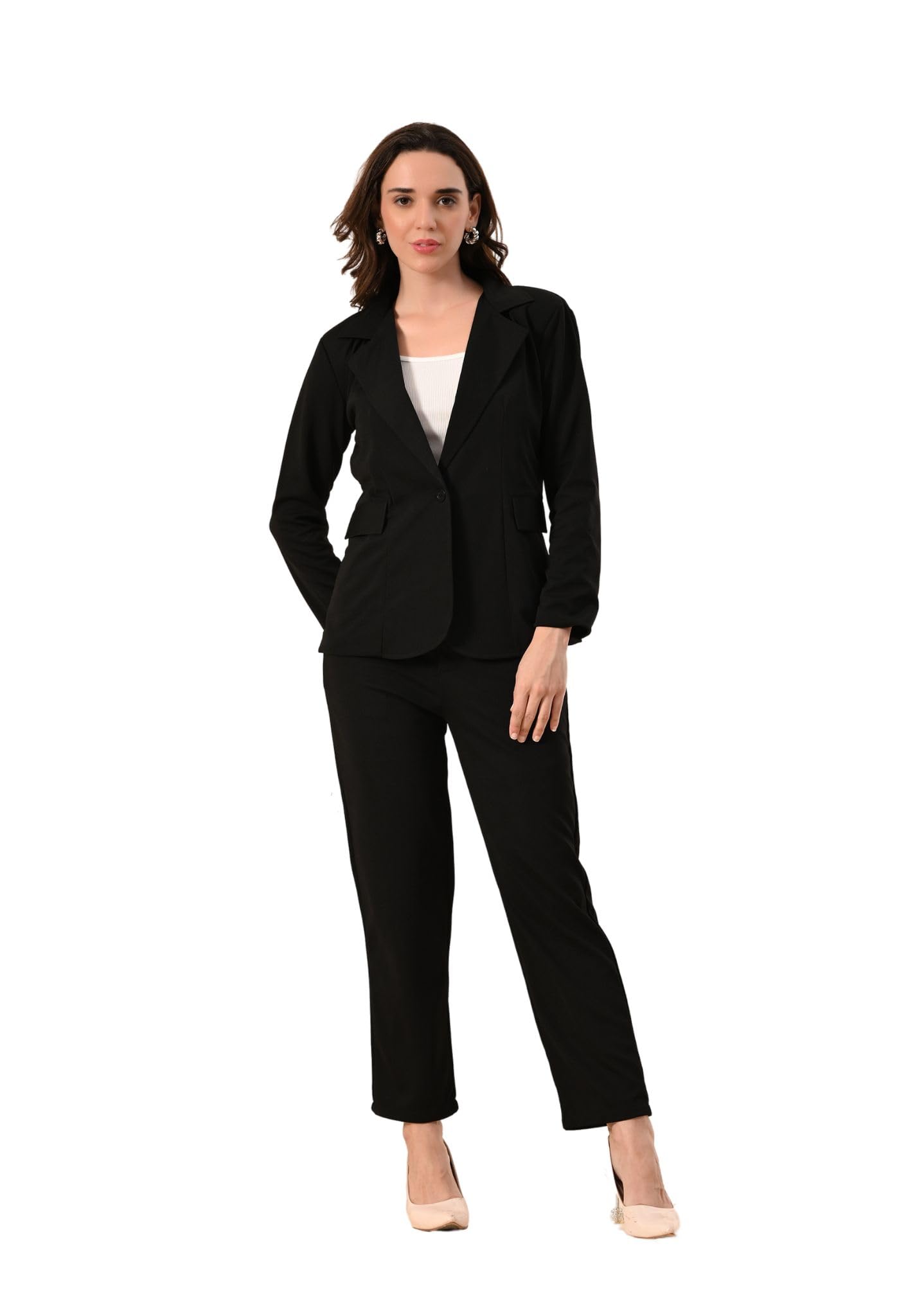 Women’s 3-Piece Cotton Blend Solid Suit Set – Formal Blazer, High-Waist Pants & Camisole Top | Elegant Office Wear & Business Attire for Work, Meetings, and Events-Black