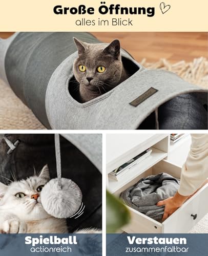 lionto Katzentunnel mit Spielball, 30x70 cm, Faltbarer erweiterbarer Spieltunnel aus pflegeleichtem Faux-Linen-Material für Katzen, Robustes Katzenspielzeug, 30 cm Durchmesser