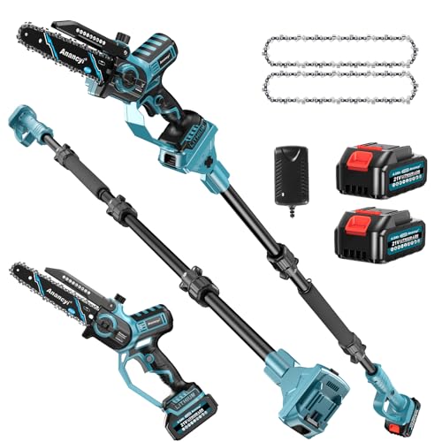 Akku Teleskop Hochentaster,8 Zoll Mini Kettensäge mit 2X 4,0Ah Akku,2-In-1 Bürstenlose Teleskop Kettensäge,Automatisches Ölsystem,30 ml Öltank, 180° Abwinkelbarer,bis zu 4,57m Arbeitslänge