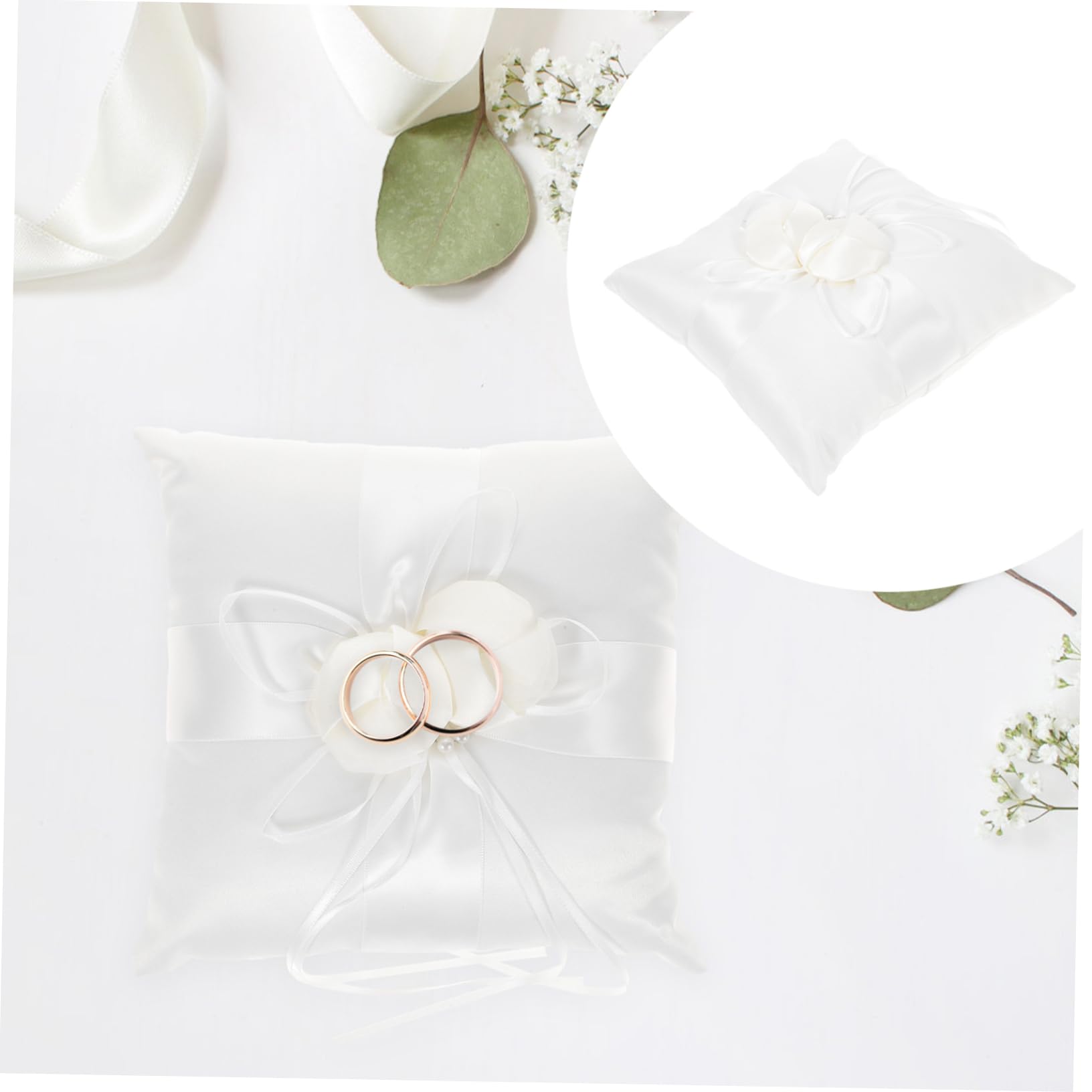 Garneck White Flower Buds Ring Pillow Cushion for Wedding Ceremony with Faux Pearls Satin Ribbons Elegant Decor for Bride Ring Bearer