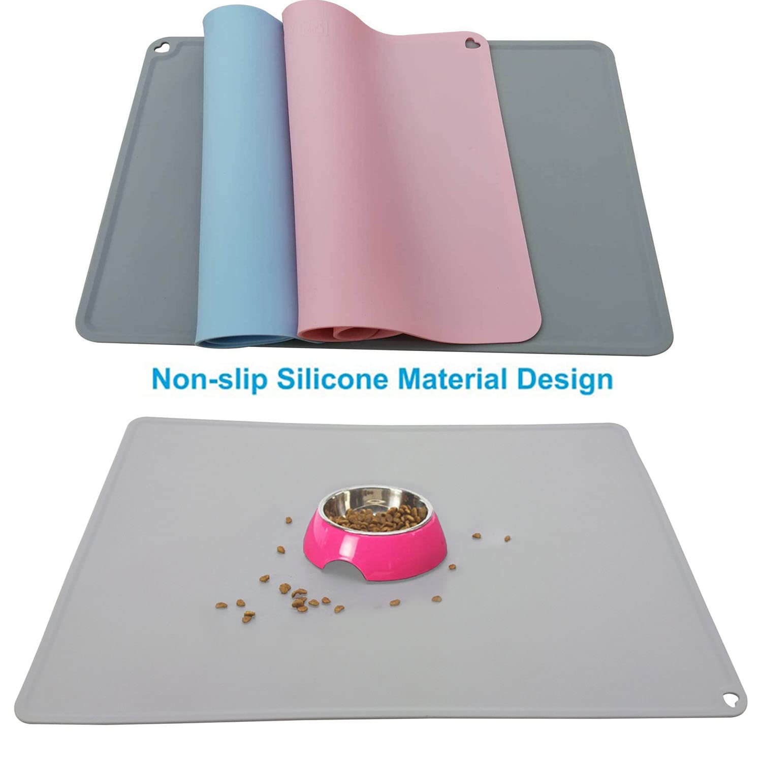 JiangYanus Silicone Pet Feeding Mat for Dog Cat Bowls, Non Slip Waterproof Cat & Dog Bowl Mats Tray with Edges for Food and Water, Pet Bowl Mat Dog Placemats for Floors (16.1 x 12.2 inch, Grey)