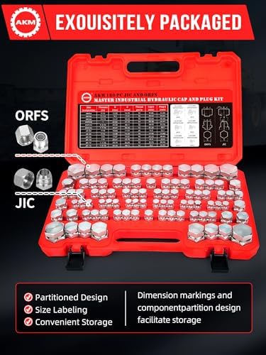 AKM 180 PC JIC and ORFS Master Industrial Hydraulic Cap and Plug Hose Tube and Pipe Fitting Kit Cap and Plug Kit Precision Threading in ORFS and 37° Dash Sizes 4 6 8 10 12 16 — view 5
