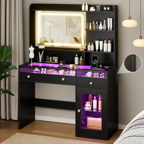 Image of Korfile 35'' Makeup Vanity Desk with Mirror and Lights, Power Outlet Black
