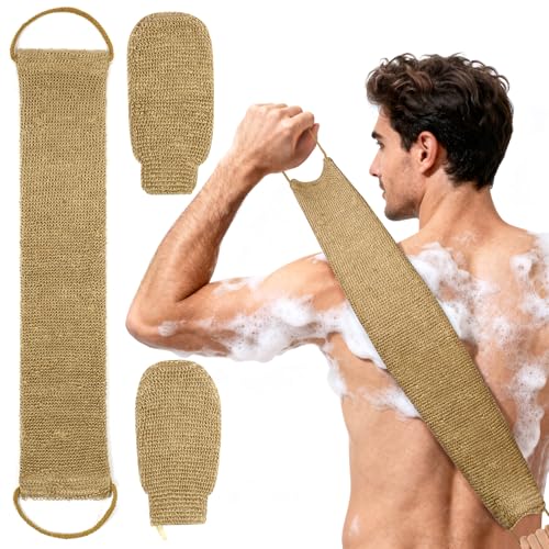 LOPHE Guantes Exfoliantes de Yute, 2pcs Manopla Exfoliante+1pc Correa Espalda de Ducha para Unisexo, Guantes de Ducha con Fibras Vegetales de Yute para Spa,Masaje y Eliminar La Piel Muerta (3 en 1)