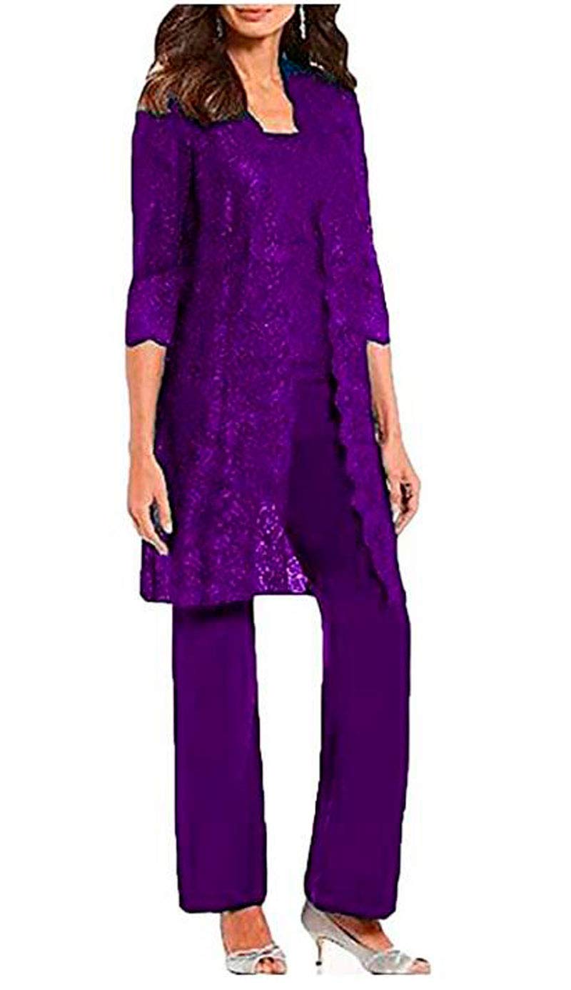 Botong 3 PC Mother of The Bride Pants Suit for Wedding Long Lace Jacket Chiffon Women Outfits for Prom Evening Deep Purple UK16