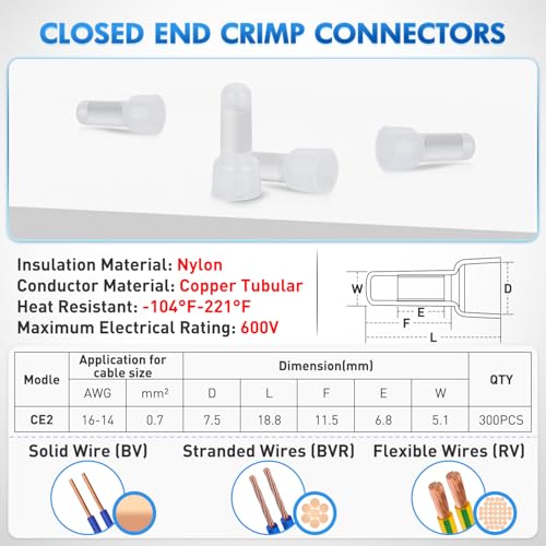 Image of Nilight 300PCS CE2 Closed End Crimp Terminal 16-14 Gauge Nylon Insulated Closed End Wire Cap Wire Connectors Crimp Cap Terminals Connectors for Automotive Car Truck Boats Marine Electrical Wiring