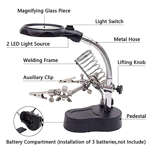 mlogiroa Helping Hands Soldering Station, 3.5X 12X Magnifying Glass LED Lighted Magnifier with Auxiliary Clips Alligator Clamp Repair Tools Kit for Soldering, Assembly, Miniatures - Image 6