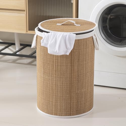 Image of HOKIPO Eco-Friendly Bamboo Laundry Basket for Clothes with Lid, Large - 48 Liter Laundry Hamper 35x50 cm (AR-6147)