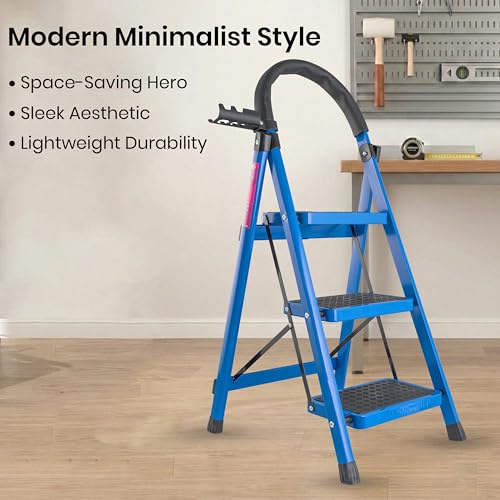 Image of Casa Copenhagen Blue 3 Step Ladder for Home Use with Built-in Tool Tray | Heavy Duty D Shape Rods | Ultra Large Platform | Wide Rubber Feet | 150Kg Capacity Foldable Ladder - 7 Years Warranty