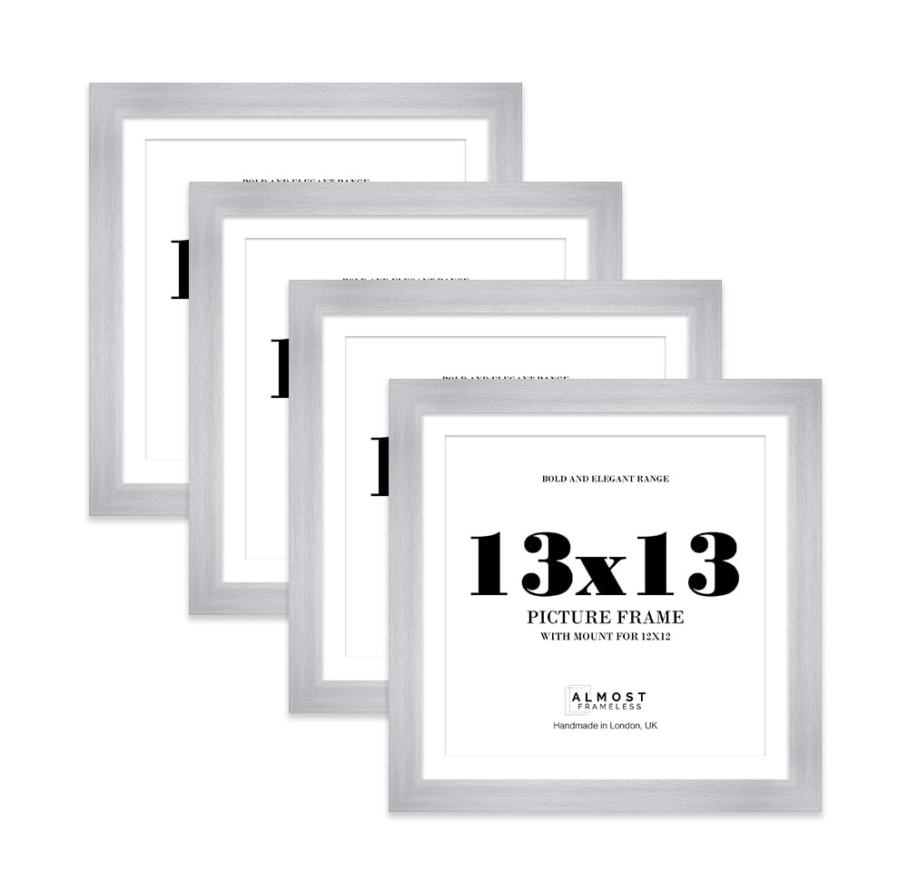 13x13" Silver Square Frame With Mount for 12x12" Pictures 28mm Edge Frame Display with Wall Hooks, 4 Pack