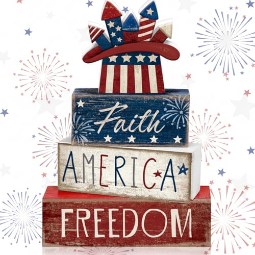 CroBlissful 4 Pcs 4th of July Decorations Patriotic Memorial Day Tabletop Decorations Red White Blue Table Centerpieces Sign for Office Tiered Tray Home Shelf 250th Anniversary(Independence Day Hat)