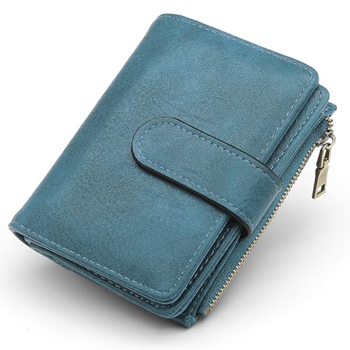 RFID Blocking Wallet for Women Vegan Leather Tri-Fold with Zipper Coin Pocket 12 Card Slots Anti-Theft Clasp Waterproof Slim Design 17 Pockets Holds Cards Cash SIM (peacock blue)