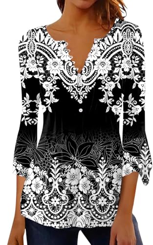 Womens Tops Dressy Casual Pleated Button Neck Summer Blouses 3/4 Flared Sleeve Fall Shirts