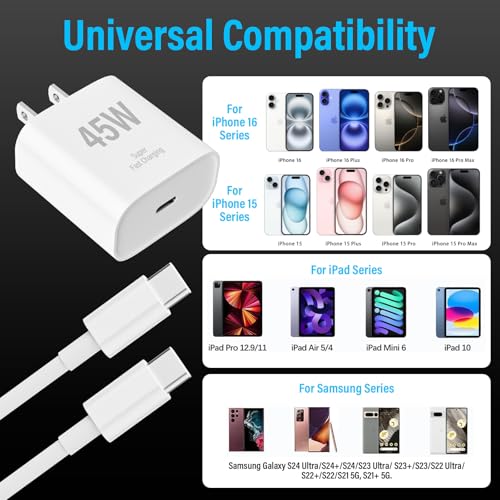 Image of iPad Charger Fast Charging, 45W USB C Wall Charger Block + 10FT USB C to C Cable for iPad Pro 13 /12.9 /11 inch, iPad A16 11th /10th, iPad Air 13 /11 inch M4 /M3 /M2 /5th /4th, iPad mini 7 /6, iPhone 17 /16 /15