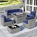 LayinSun 8 Piece Patio Furniture Set with 44" Propane Gas Fire Pit Table, Outdoor Sectional Conversation Set Wicker Rattan Sofa Set with Coffee Table