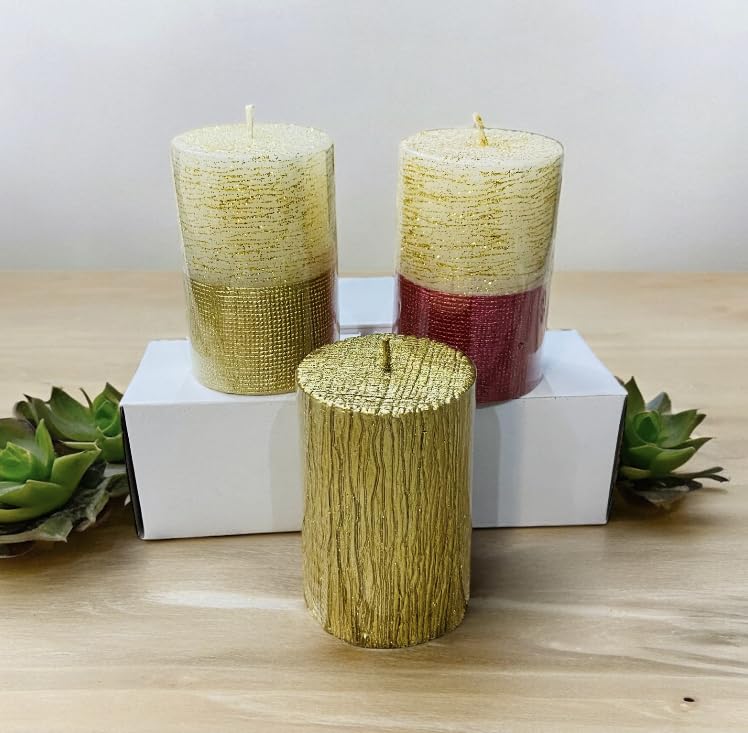The Fabulous Flame Set of 3 Pillar Candles 2 x 3 Inch Column Candles Colored Candles || Aromatherapy Candle, Stress Relief Gifts for Women, 40H Burning - Red Gold/White Gold/Golden Chatayi