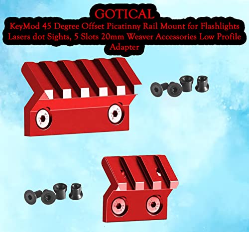 GOTICAL KeyMod 45 Degree Offset Picatinny Rail Mount for Flashlights Lasers dot Sights, 5 Slots 20mm Weaver Accessories Low Profile Adapter (Pack of 2 in Red Color)
