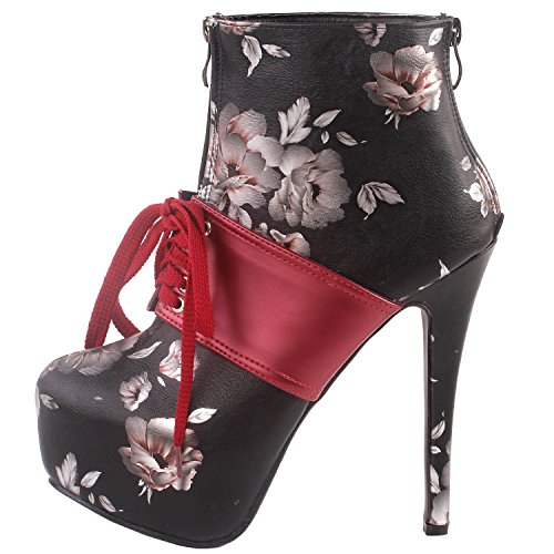 SHOW STORY Retro Black Red Two Tone Flower Print Lace-Up Zip Platform Stiletto Ankle Bootie Boot,LF808574
