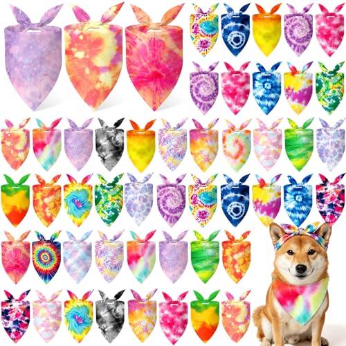 Image of Abbylike 50 Pieces Tie Dye Dog Bandanas Bulk Colorful Hippie Pattern Dog Bandanas for Dogs Triangle Kerchief Scarf Bibs Set for Pets Summer Party Costume Accessories, 25 Styles (25.6 x 17.7 x 17.7)