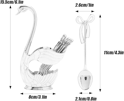 Miniatura 6 de Juego de cucharas de postre de café, soporte de base de cisne de metal, tenedor, cucharadita, organizador de vajilla con 6 mini cucharas de helado