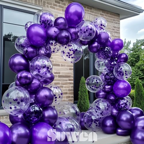 Image of SUWEN Purple Metallic and Confetti Balloons Set 47PCS Dark Purple Latex | Helium Chrome Balloon for Birthday Graduation Anniversary Party Decorations